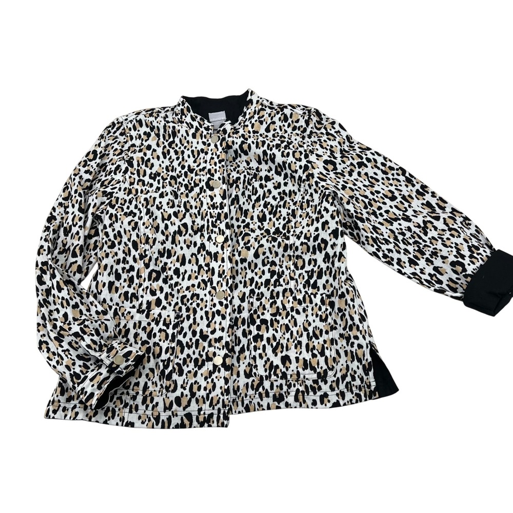 Chicos Leopard Print‎ Linen Blend Button Front Jacket Size 8-10 Med Reversible